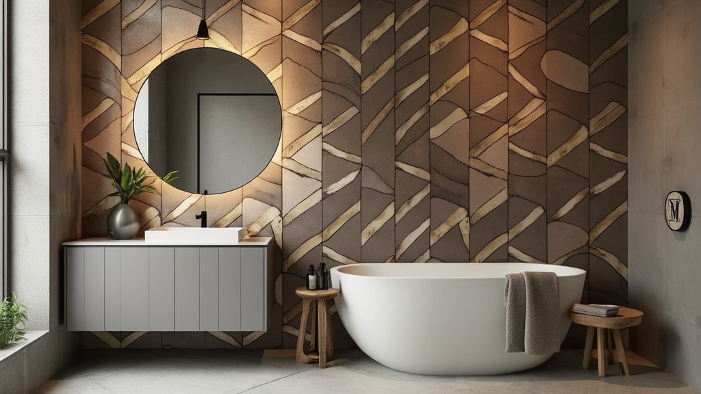 Accent wall in a small bathroom featuring colorful wallpaper, enhancing the mirror and vanity design.