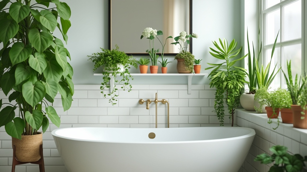 A bathroom with vibrant plants like succulents on shelves, enhancing the space's beauty and atmosphere.