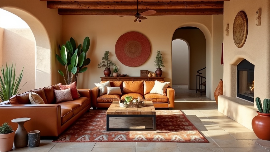 Adobe Serenity living room with earthy tones, traditional textures, leather sectional, and rustic decor.