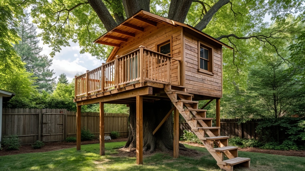 Treehouse made from sturdy pallets with a platform, walls, roof, rope ladder, and climbing features.