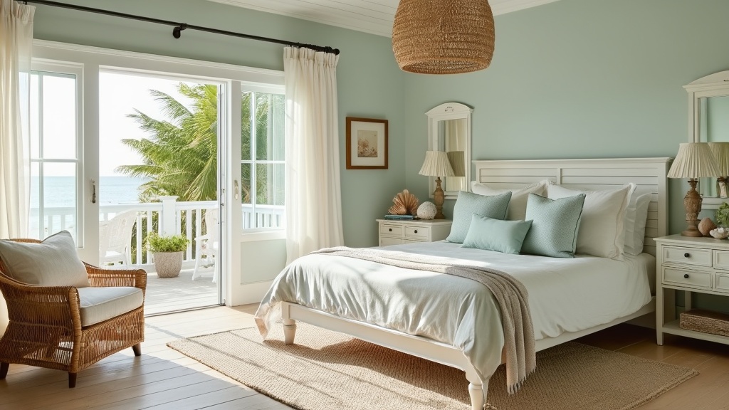 Airy coastal bedroom with light woods, linen fabrics, and ocean hues, evoking beach house tranquility.