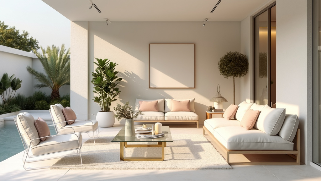 A stylish minimalist patio featuring acrylic chairs, a glass table, and soft pastel cushions in white.