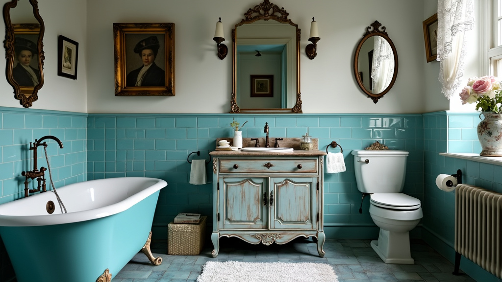 Antique bathroom with azure tiles, wooden vanity, vintage art, plush rugs, and lace curtains.