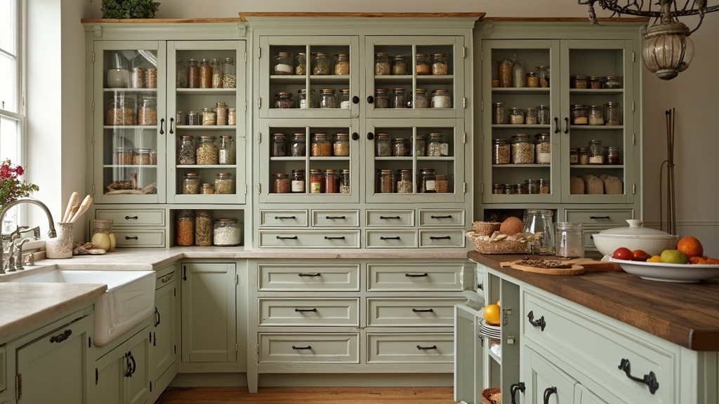 Apothecary-style cabinets in a vintage French kitchen, showcasing pastel colors and decorative jars.