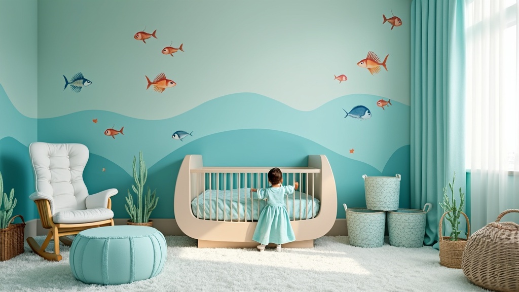 Aqua Marine Children’s Room features ocean-themed decor, soft aquamarine walls, and cozy furnishings.