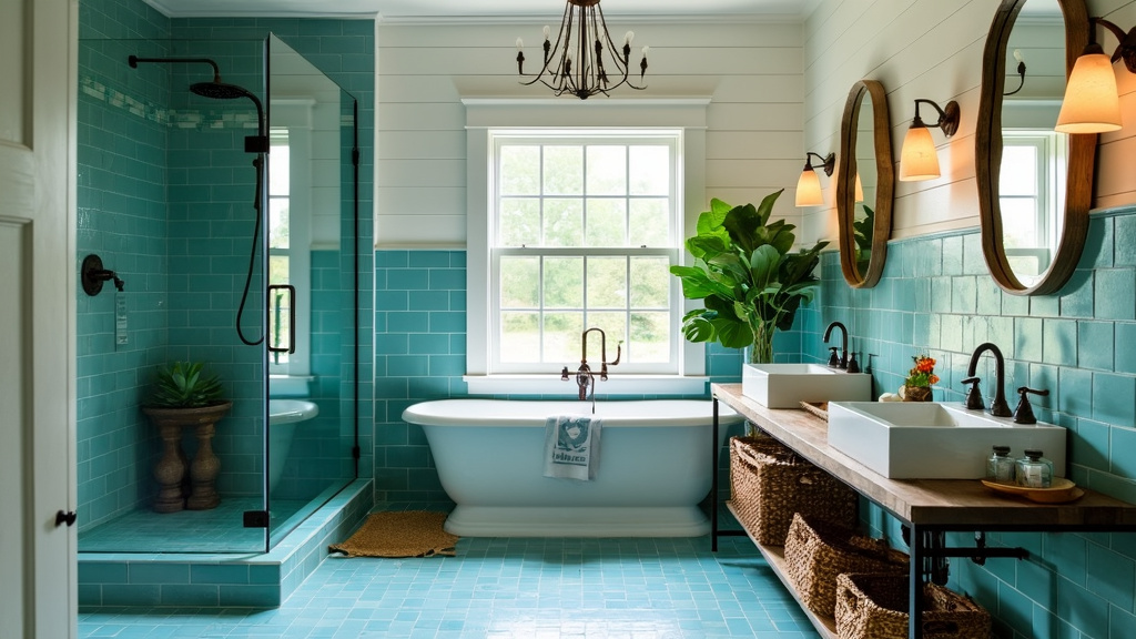 Bright bathroom with aqua blue tiles, white shiplap, modern shower, natural light, and wicker storage.