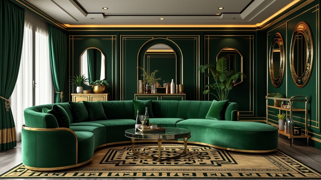 Art deco living room with an emerald green curved sofa, gold accents, glass coffee table, and mirrors.