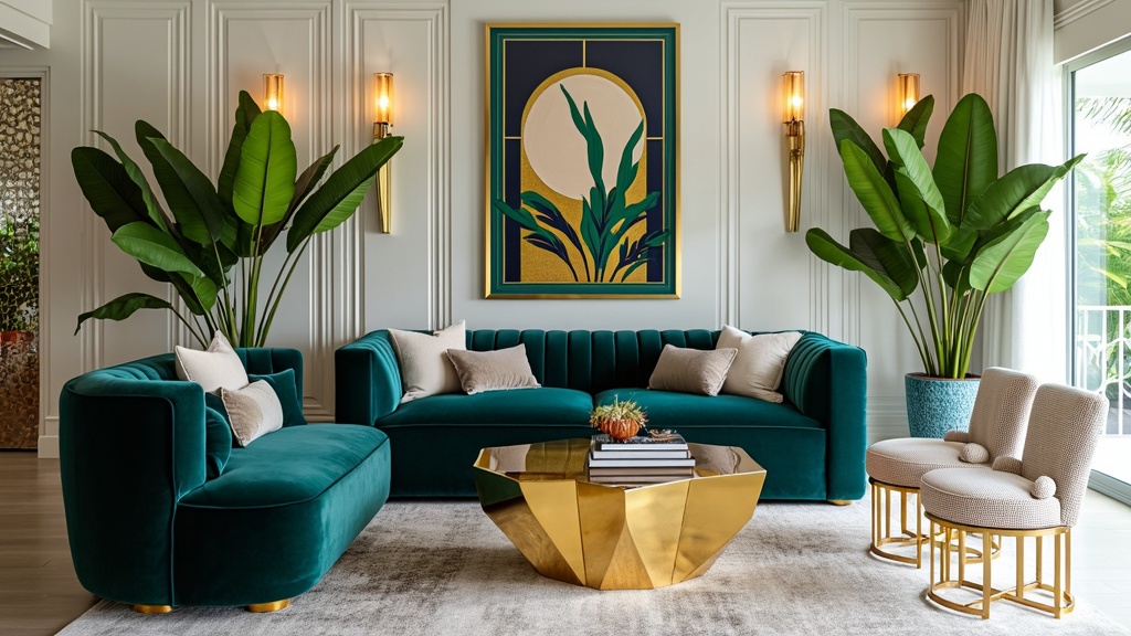 Art Deco living room with teal velvet sofa, gold geometric tables, mirrored decor, and lush plants.