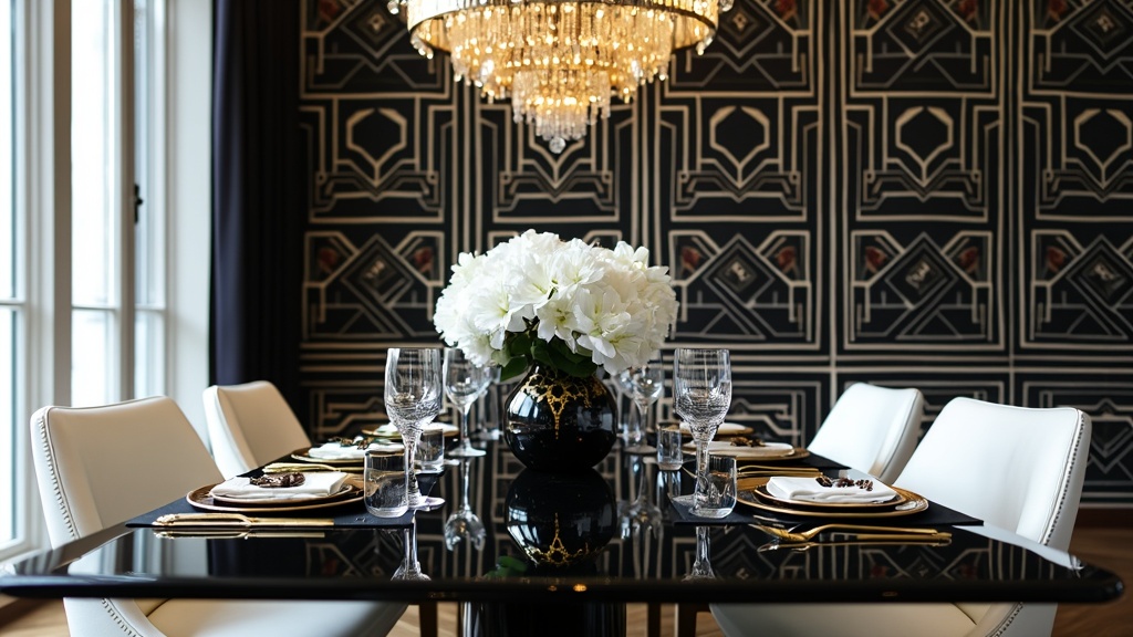 Art Deco dining room with black lacquer table, white faux leather chairs, and geometric wallpaper design.