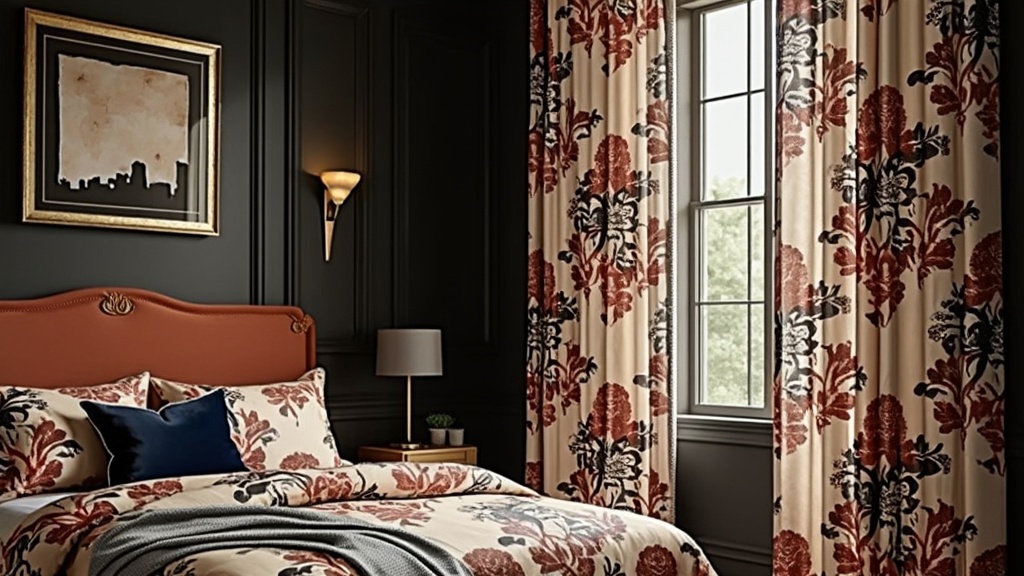 Art Deco floral curtains with geometric patterns, rich colors, and luxe fabrics, enhancing bedroom elegance.