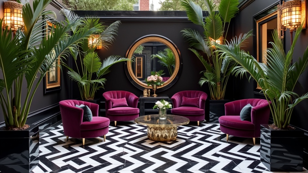 Art Deco patio featuring black and white chevron tiles, bold colors, velvet furniture, and elegant decor.