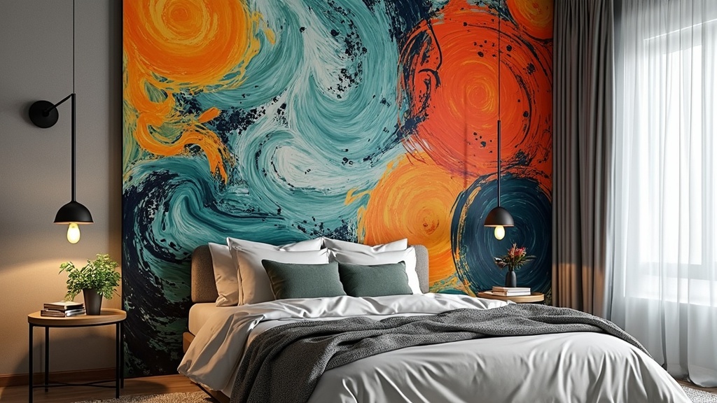 Art-inspired blackout curtains featuring bold colors and patterns enhancing a bedroom's decor and style.