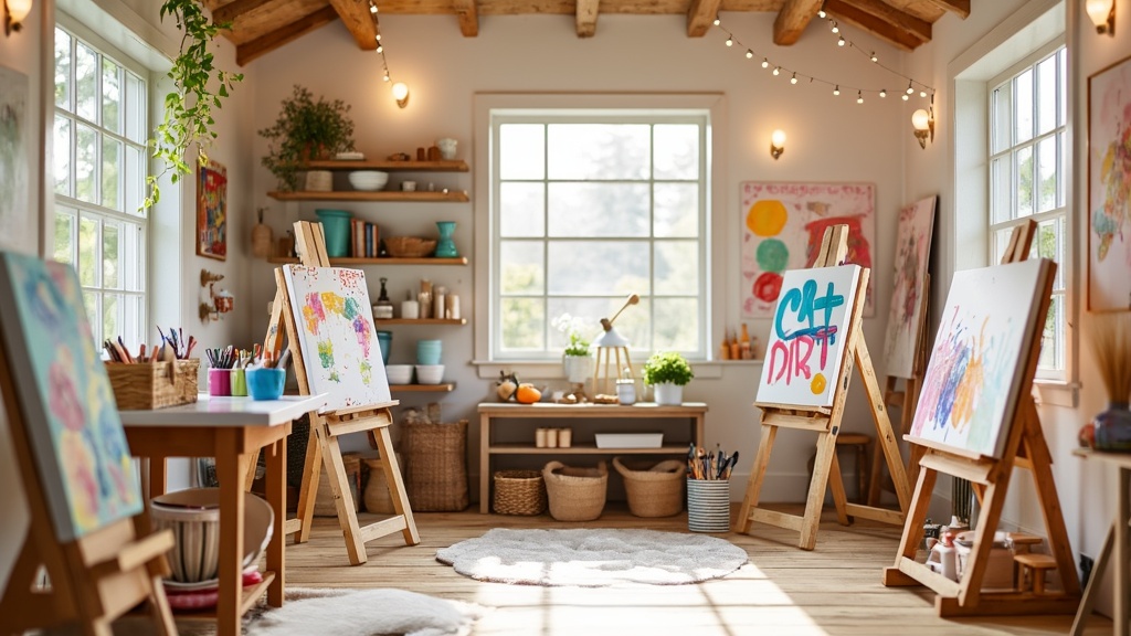 Bright, inviting art studio playhouse with easels, paints, and natural light for kids' creative expression.