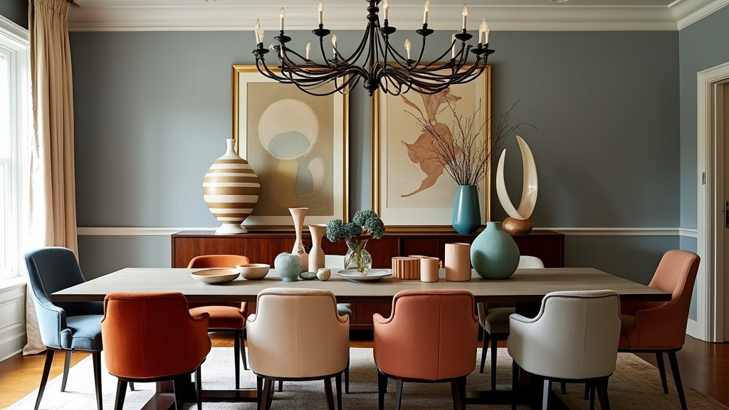 Elegant dining room with artful table arrangement, vintage chairs, quirky chandelier, and soft gray backdrop.