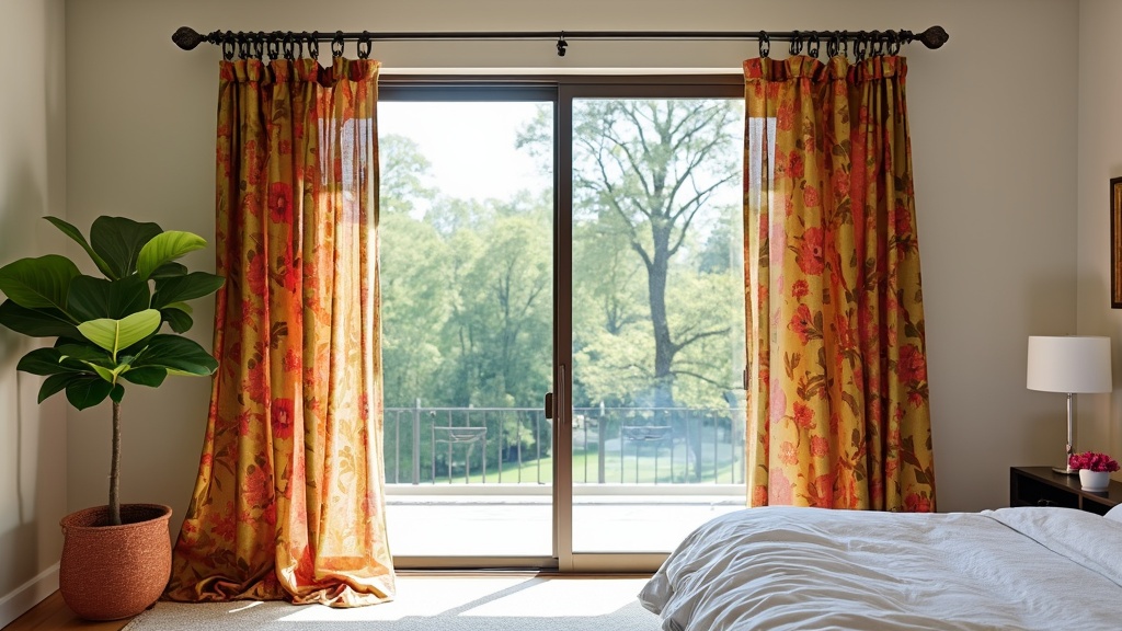 Artful curtains hanging with clips, featuring vibrant patterns, enhancing bedroom decor and personality.