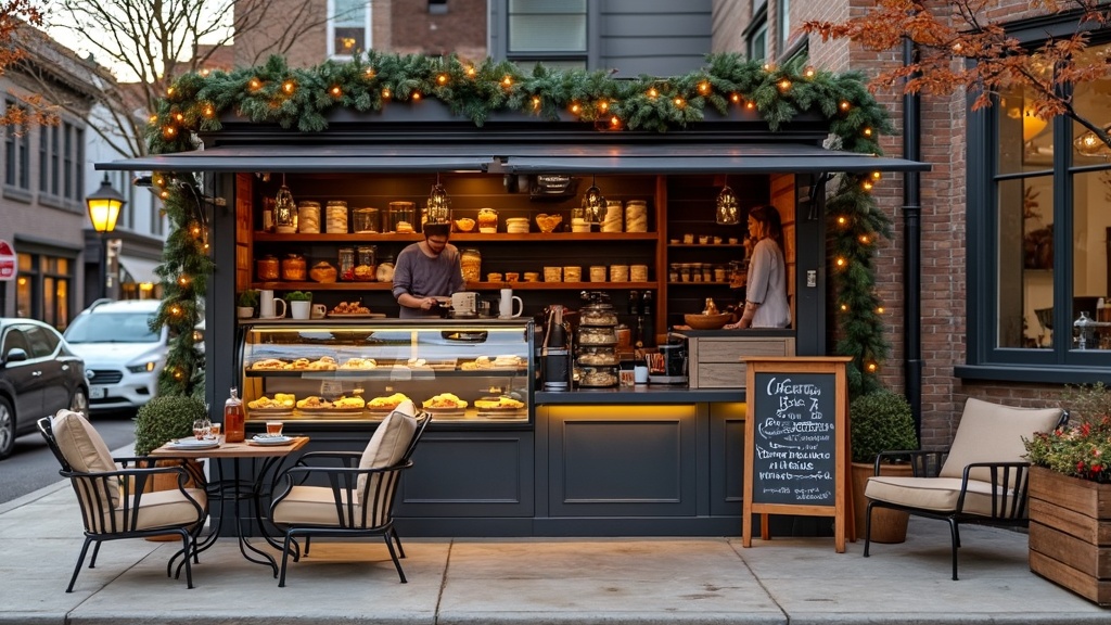 A modern artisan coffee and pastry kiosk with large windows, outdoor seating, and warm lighting.