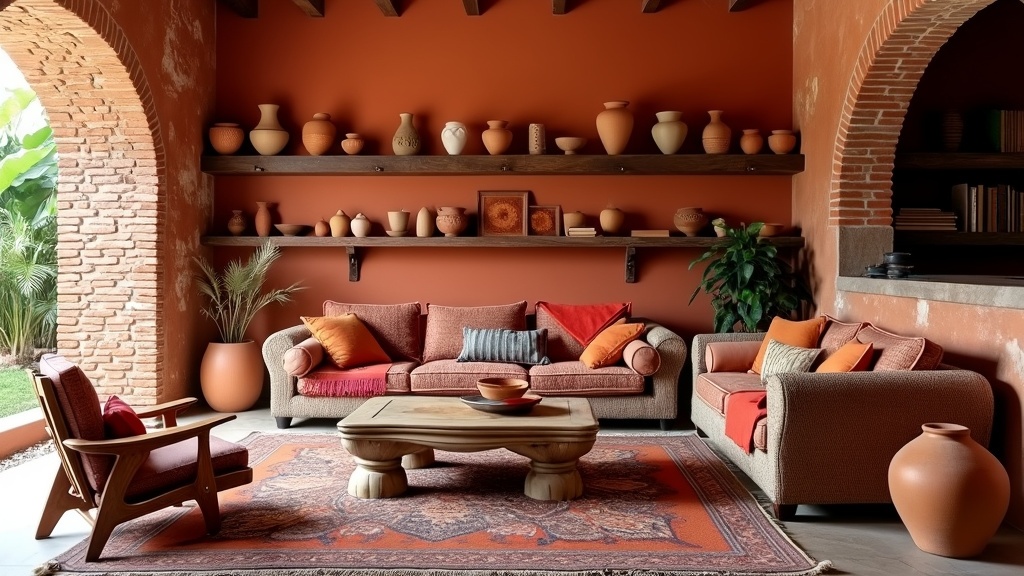Artisan-inspired living room with terracotta walls, rustic brick, handwoven sofa, coffee table, and pottery.