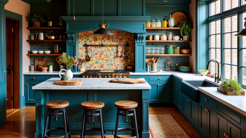 Kitchen with jewel tones, metallic accents, hand-painted tile backsplash, and industrial-style stools.