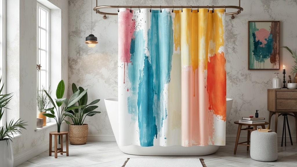 Artistic shower curtain with brush stroke patterns in vibrant colors, enhancing a neutral bathroom backdrop.