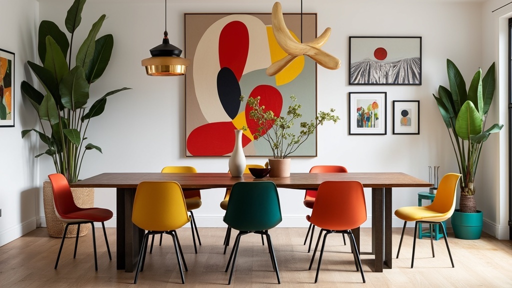 Mid-Century Modern dining room with eclectic table, colorful chairs, oversized art, and unique lighting.