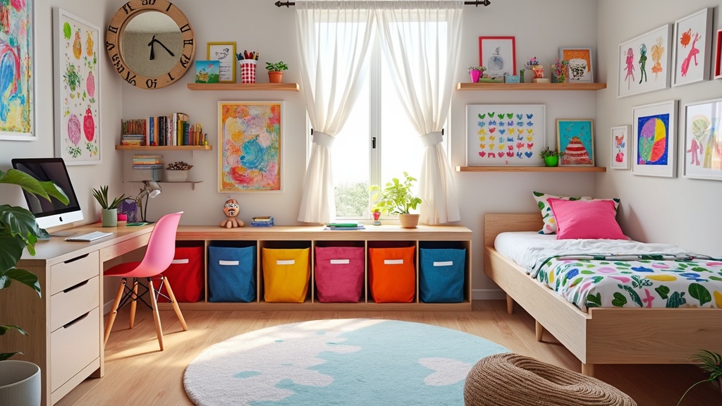 Mid-century modern children's room with a neutral palette, colorful art displays, and organized supplies.
