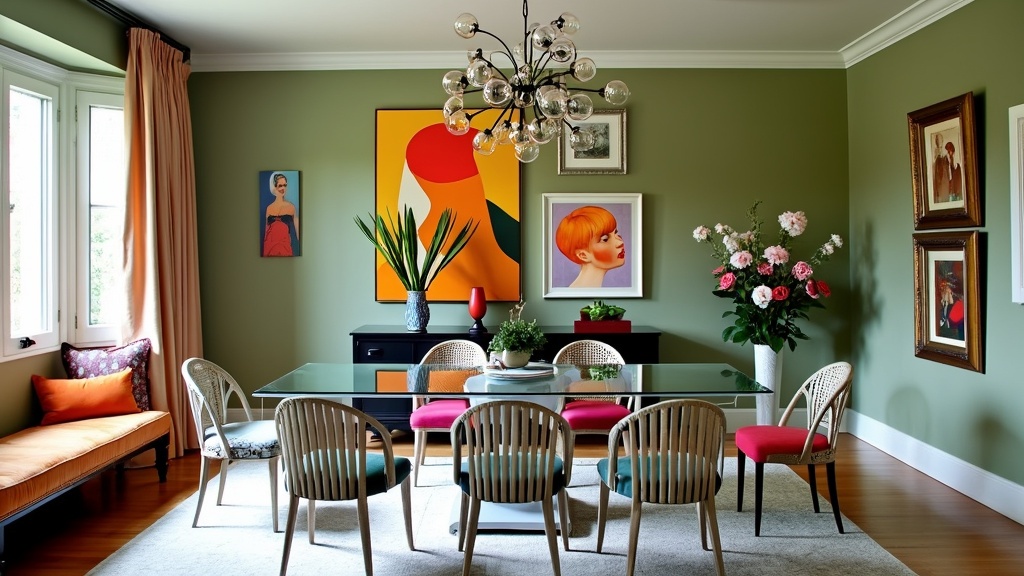 Artistic dining room with sage green walls, modern acrylic table, unique chairs, vibrant cushions, and decor.