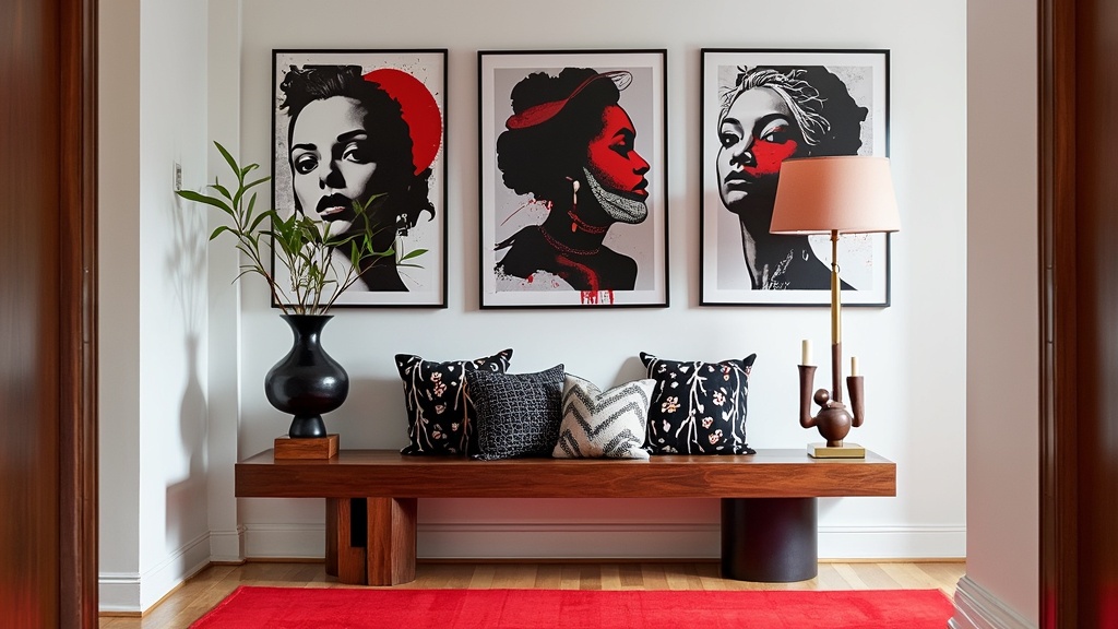 Artistic entryway with walnut console table, unique art prints, red rug, and vibrant decor elements.