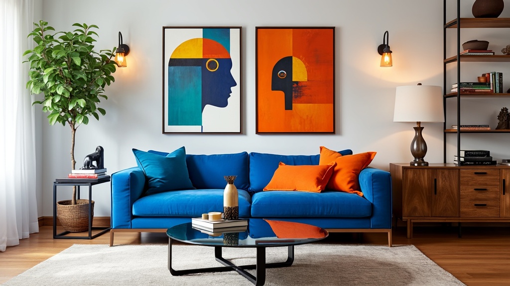 Bold, colorful living room with white walls, royal blue sofa, vibrant pillows, glass coffee table, and art.