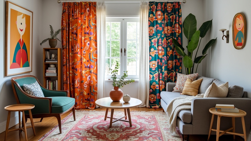 Colorful crochet curtains with bold patterns hang in a stylish living room with eclectic furniture decor.