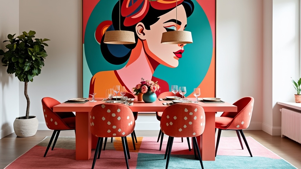 Vibrant dining room with coral table, geometric chairs, mural wall, unique lights, and colorful decor.