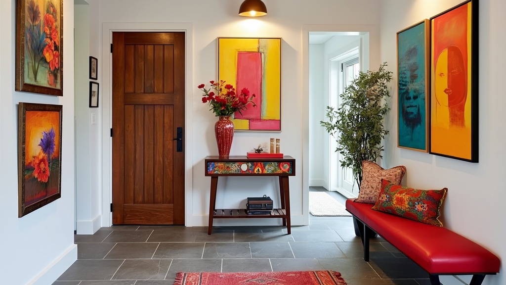 Artistic entryway with colorful artwork, slate flooring, ruby red accents, rustic wooden door, and decor.