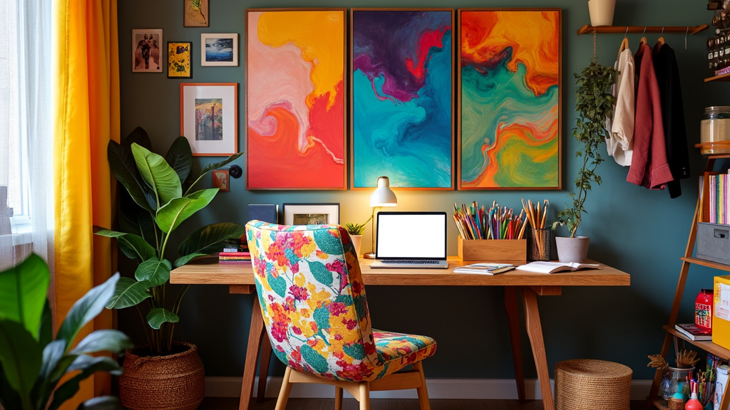 A vibrant workspace featuring a wooden desk, colorful art supplies, and patterned chair for creativity.