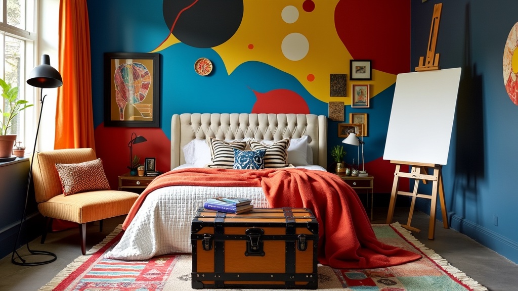 Artistic bedroom with bold blue, red, yellow hues, tufted headboard, mural, easel, and eclectic decor.