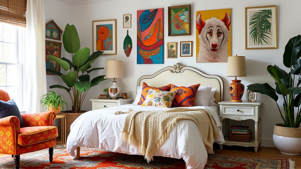 Artistic Haven Bedroom with cream walls, vintage headboard, colorful artwork, eclectic furniture, and plants.