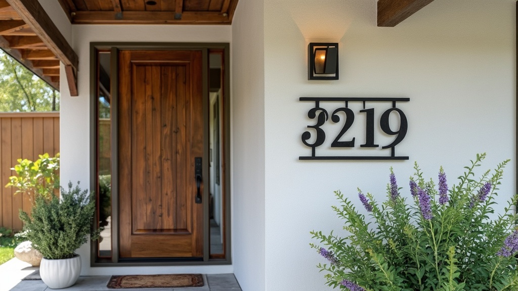 Metal house numbers in a contemporary font mounted creatively on a 70s ranch, enhancing curb appeal.