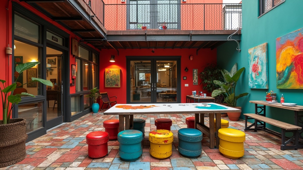 Artistic industrial patio with mosaic tile floor, vibrant colors, large art table, and colorful stools.