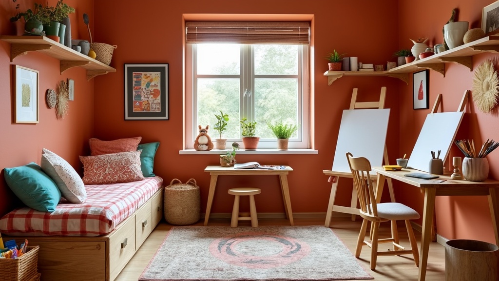 Artistic rustic children's room with terracotta walls, wooden bed, colorful art desk, and shelving.