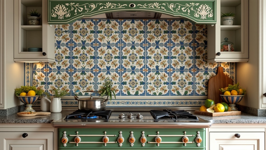 Artistic ceramic tile backsplash in vibrant colors enhances a vintage French kitchen with Provence patterns.