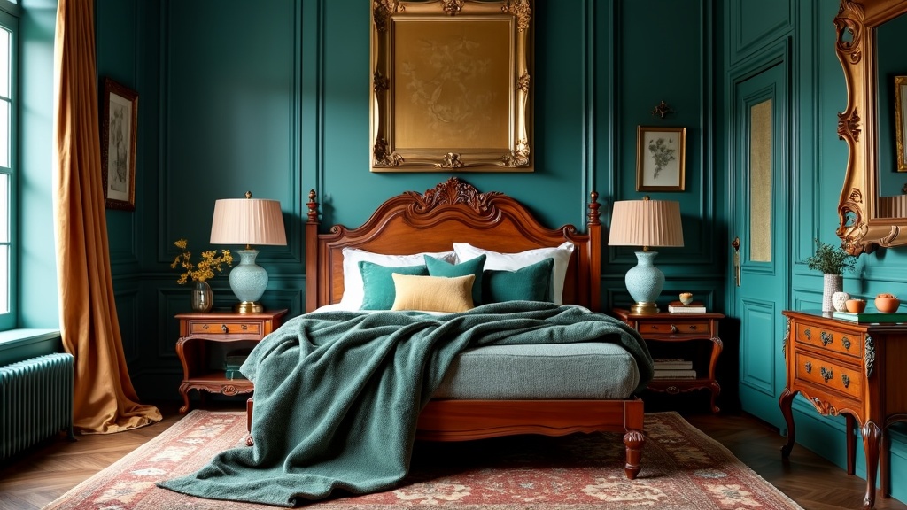 Artistic bedroom with teal and gold colors, upholstered bed, carved wooden furniture, and large artworks.