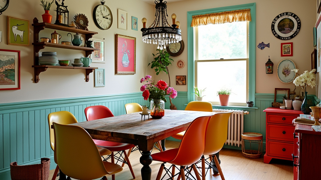 Artistic Vintage Delight dining room with vibrant colors, mismatched furniture, and whimsical wall art.