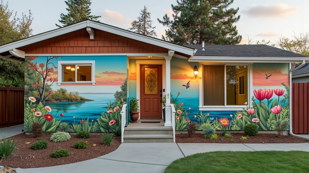 Artistic wall mural showcasing nature or abstract designs enhancing a 70s ranch remodel's personality.