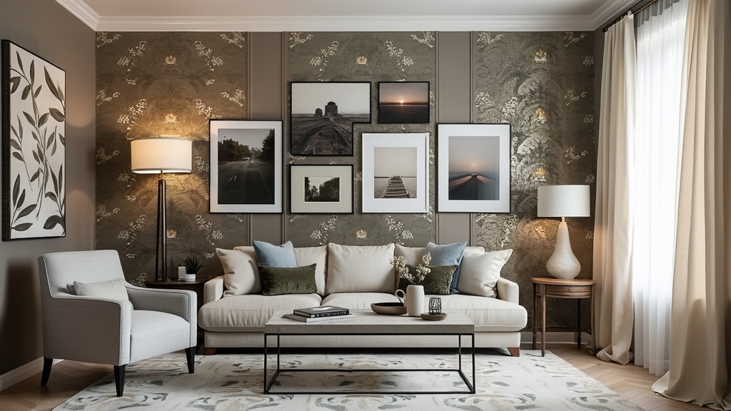 A stylish small living room featuring a bold accent wall, minimalist furniture, and framed art.