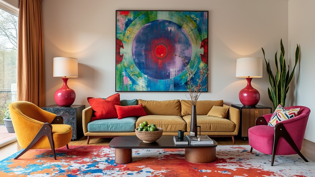 Artsy living room with neutral tones, vibrant art pieces, sculptural lamps, and paint splatter rugs.