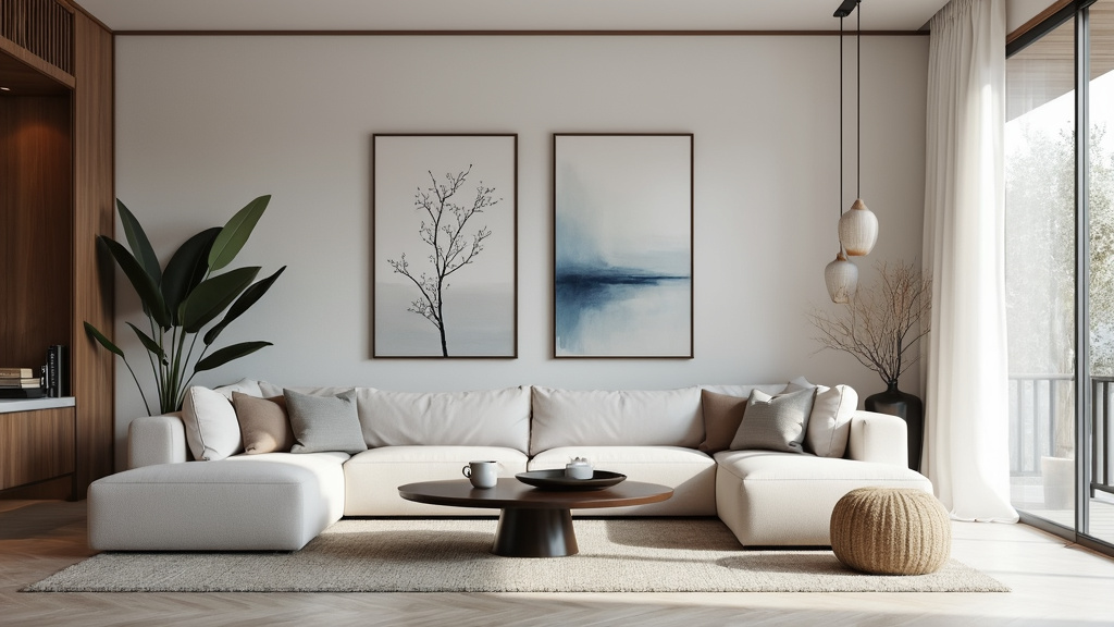 A serene living room with a balanced design, featuring a subtle color palette and harmonious decor.