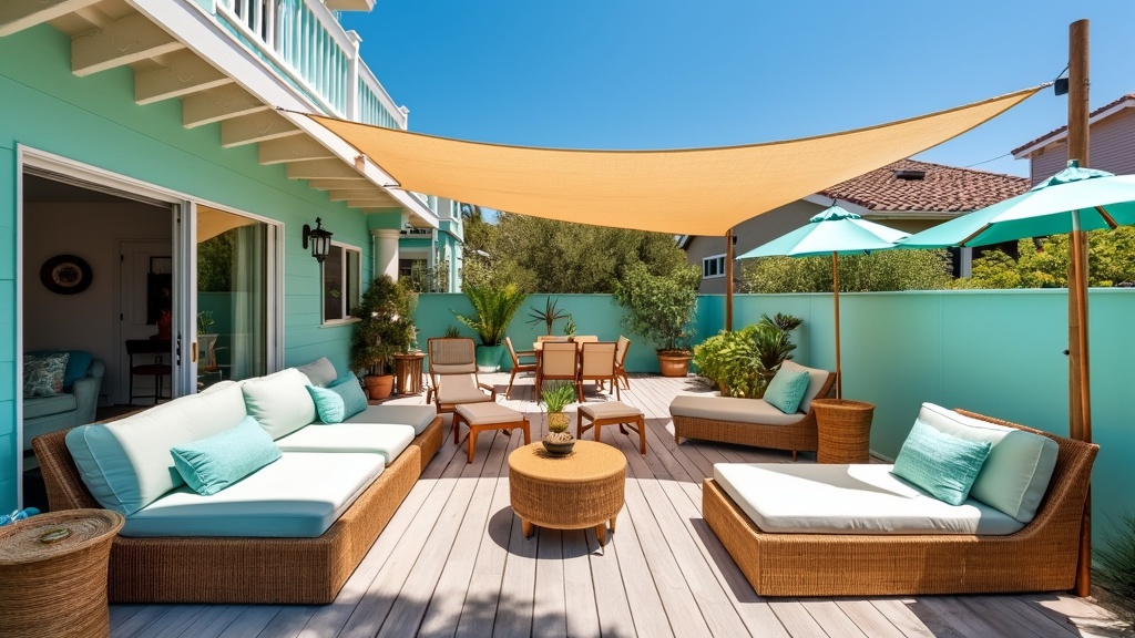 Beachy casual patio with turquoise decor, weathered wood, lounge chairs, and sail shade for relaxation.