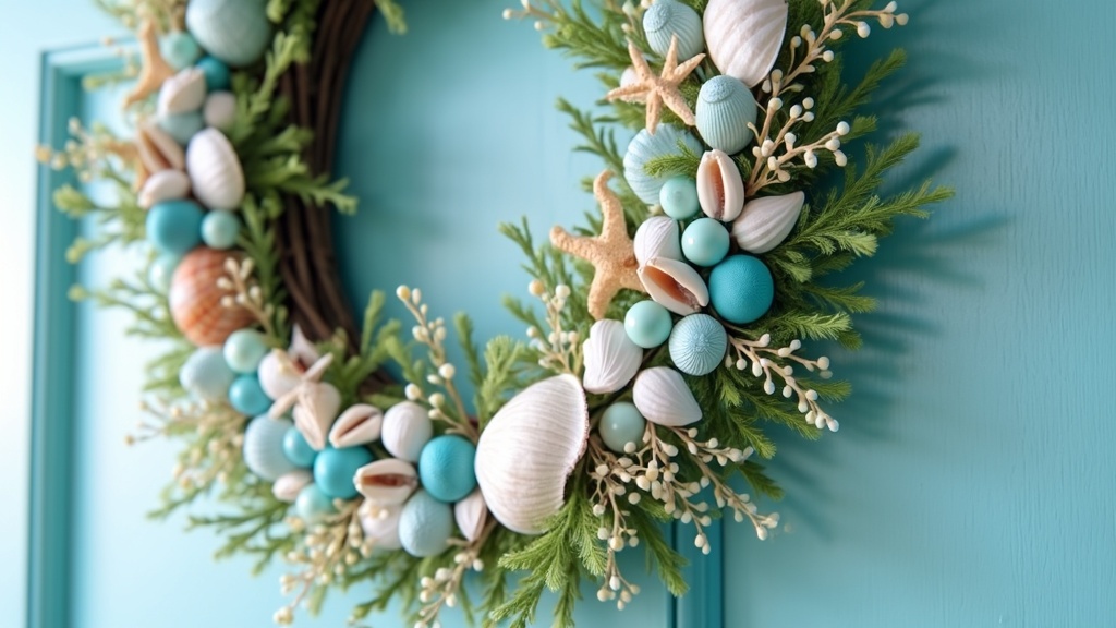 Wreath made of shells, beads, and faux greenery in beach-inspired colors of blue and white.