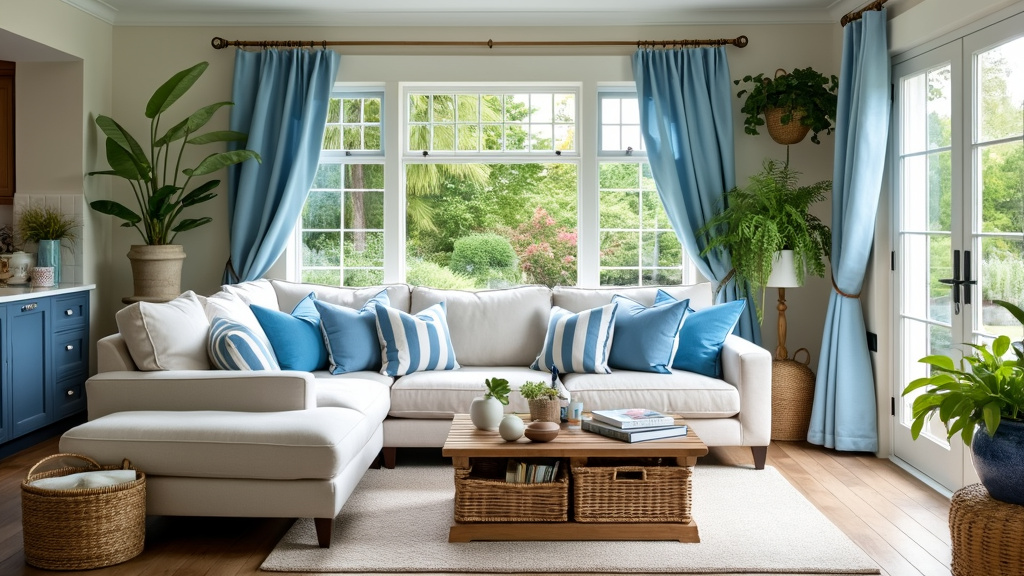 Cozy bungalow design with open layout, sectional, chaise lounge, soft blues, whites, and hanging plants.