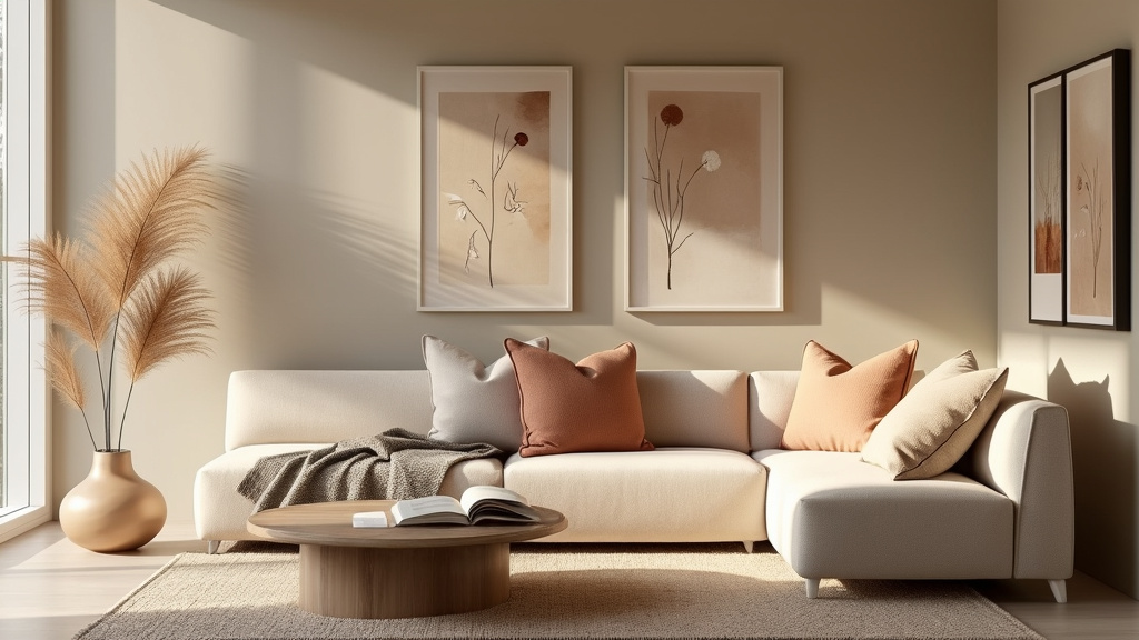 Blissful Minimalism nook with a beige loveseat, geometric tables, textured throw, and abstract art.