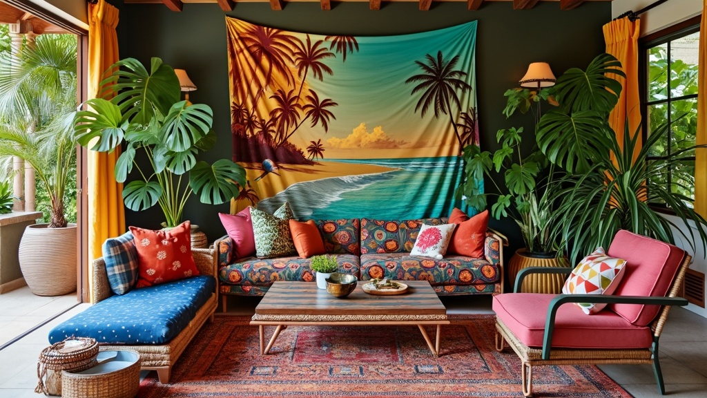 A vibrant bohemian retreat featuring layered rugs, colorful pillows, beach-themed art, and lush plants.