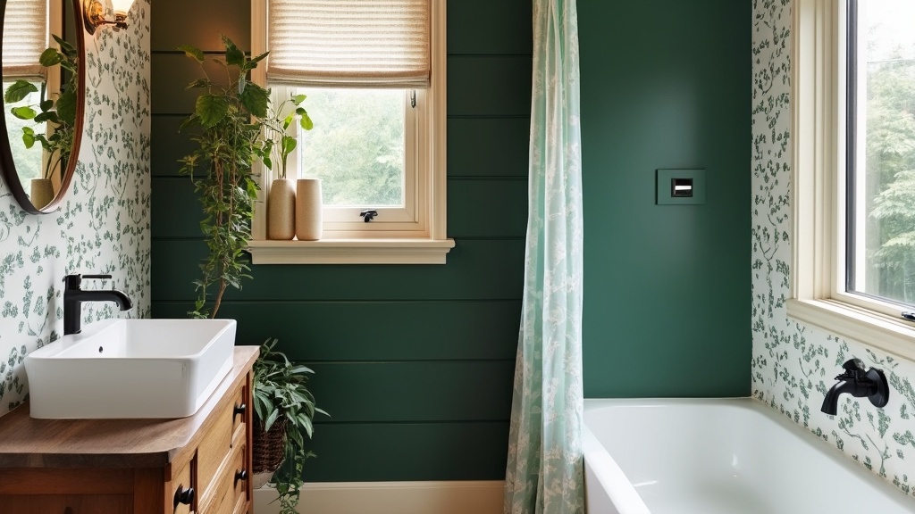 A tiny bathroom featuring a bold accent wall in a striking color, balanced by neutral walls.